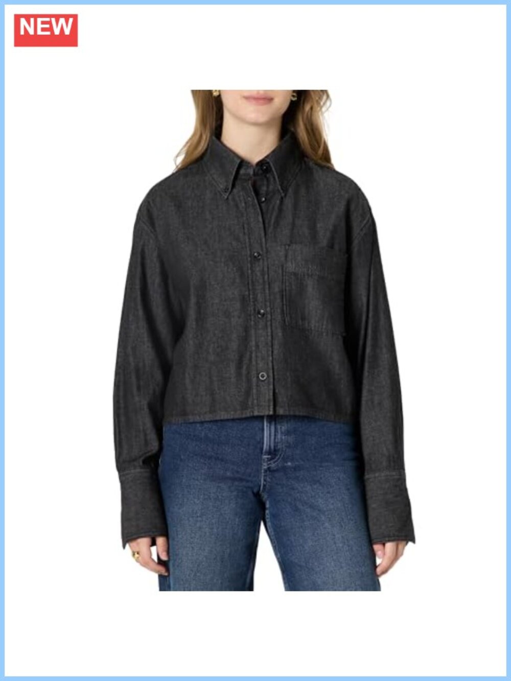 Women's Oversized Cropped Denim Button-Up Shirt Lightweight Cotton